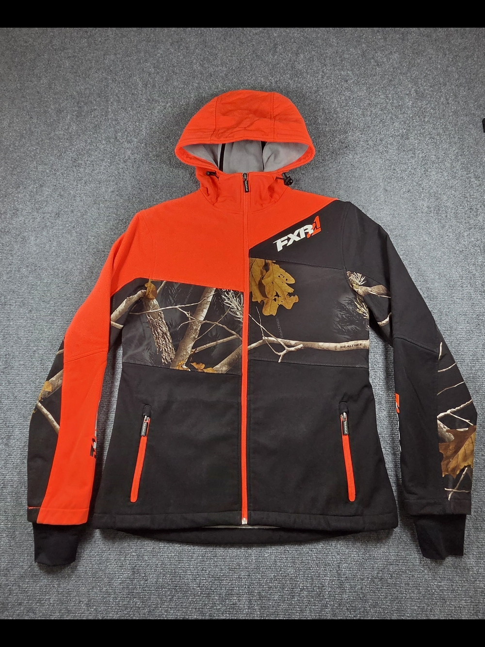 FXR Outdoor Women's 6 Softshell Jacket Hooded Black Orange Realtree